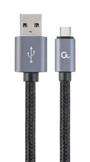 Cotton braided Type-C USB cable with metal connectors, 1.8 m, Black color